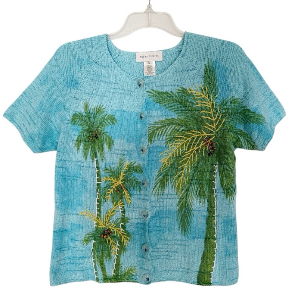 Susan Bristol Vintage Short Sleeve Cardigan with Hand Embroidered Palm Trees